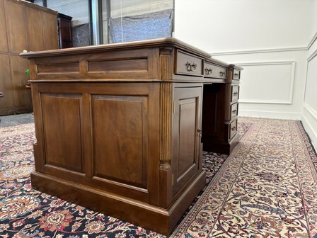 Klassiek-Engels-Oud-Antiek-Chesterfield-Vintage-Bureau-Desk-Partnerdesk-Groen-Leder