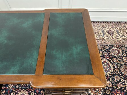 Klassiek-Engels-Oud-Antiek-Chesterfield-Vintage-Bureau-Desk-Partnerdesk-Groen-Leder