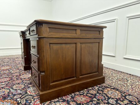 Klassiek-Engels-Oud-Antiek-Chesterfield-Vintage-Bureau-Desk-Partnerdesk-Groen-Leder