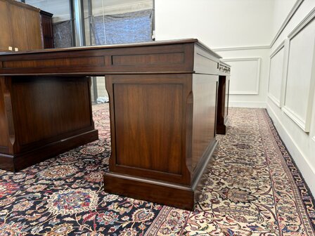 Klassiek-Antiek-Engels-Oud-Chesterfield-Originele-Globe-Wernicke-Bureau-Hoekbureau-Desk-Mahoniehout-Groen-Leder
