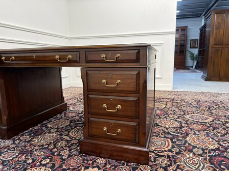 Klassiek-Antiek-Engels-Oud-Chesterfield-Originele-Globe-Wernicke-Bureau-Hoekbureau-Desk-Mahoniehout-Groen-Leder