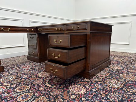 Klassiek-Antiek-Engels-Oud-Chesterfield-Originele-Globe-Wernicke-Bureau-Hoekbureau-Desk-Mahoniehout-Groen-Leder