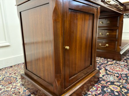Klassiek-Antiek-Engels-Oud-Chesterfield-Originele-Globe-Wernicke-Bureau-Hoekbureau-Desk-Mahoniehout-Groen-Leder