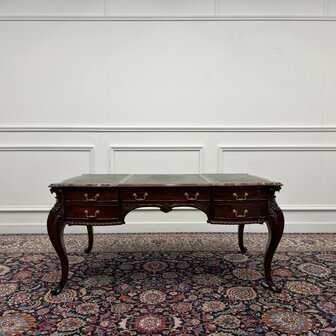 Klassiek-Engels-Antiek-Oud-Vintage-Bureau-Desk-Schrijftafel-Groen-Leder