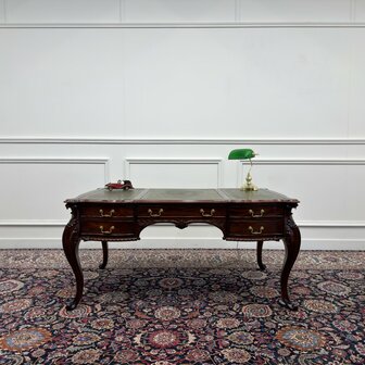 Klassiek-Engels-Antiek-Oud-Vintage-Bureau-Desk-Schrijftafel-Groen-Leder