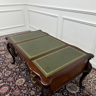 Klassiek-Engels-Antiek-Oud-Vintage-Bureau-Desk-Schrijftafel-Groen-Leder