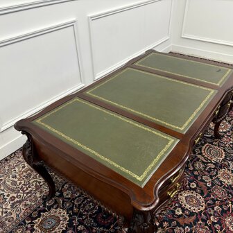 Klassiek-Engels-Antiek-Oud-Vintage-Bureau-Desk-Schrijftafel-Groen-Leder
