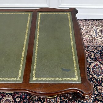Klassiek-Engels-Antiek-Oud-Vintage-Bureau-Desk-Schrijftafel-Groen-Leder