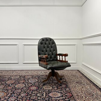 Klassiek-Antiek-Engels-Oud-Chesterfield-Bureaustoel-Desk-President-Chair-Groen-Leder