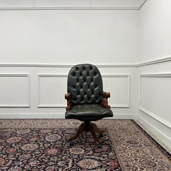 Klassiek-Antiek-Engels-Oud-Chesterfield-Bureaustoel-Desk-President-Chair-Groen-Leder