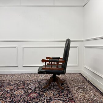 Klassiek-Antiek-Engels-Oud-Chesterfield-Bureaustoel-Desk-President-Chair-Groen-Leder