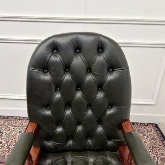 Klassiek-Antiek-Engels-Oud-Chesterfield-Bureaustoel-Desk-President-Chair-Groen-Leder