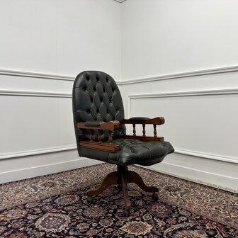 Klassiek-Antiek-Engels-Oud-Chesterfield-Bureaustoel-Desk-President-Chair-Groen-Leder