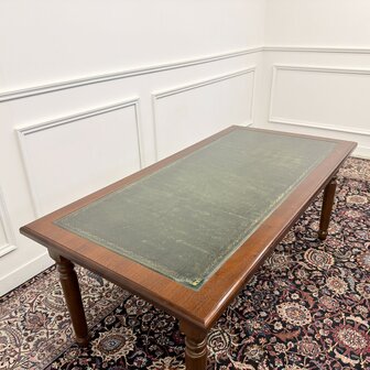 Klassiek-Antiek-Engels-Oud-Chesterfield-Bureau-Schrijftafel-Groen-Leder
