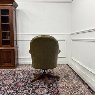 Engels-Klassiek-Oud-Antiek-Vintage-Chesterfield-Bureaustoel-Director-Directors-Chair-Groen-Leder
