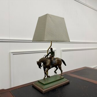 Klassiek-Engels-Antiek-Oud-Brons-Bronze-Lamp-Tafellamp-Ruiter