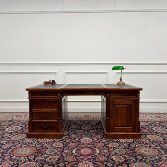 Klassiek-Engels-Oud-Antiek-Chesterfield-Vintage-Bureau-Desk-Partnerdesk-Zwart-Leder