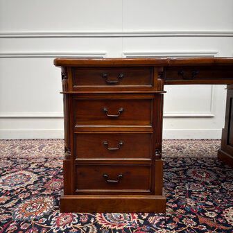 Klassiek-Engels-Oud-Antiek-Chesterfield-Vintage-Bureau-Desk-Partnerdesk-Zwart-Leder