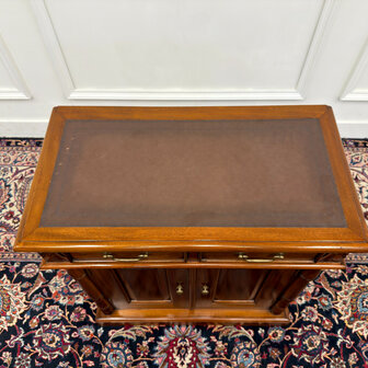 Klassiek-Engels-Antiek-Oud-Vintage-Chesterfield-Ladekast-Kantoorkast-Printerkast-Met-Bruin-Leder-Ingelegd