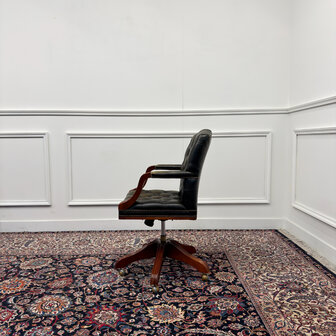 Klassiek-Engels-Antiek-Oud-Vintage-Chesterfield-Bureaustoel-President-Chair-Olijf-Groen-Leder