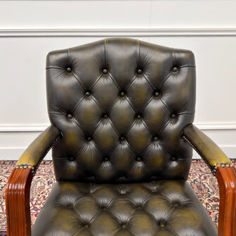 Klassiek-Engels-Antiek-Oud-Vintage-Chesterfield-Bureaustoel-President-Chair-Olijf-Groen-Leder