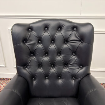 Klassiek-Engels-Antiek-Oud-Vintage-Chesterfield-Rochester-Bureaustoel-Director-Chair-Zwart-Leder