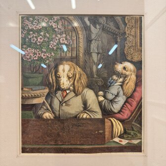 Klassiek-Engels-Antiek-Oud-Vintage-Chesterfield-Prent-Honden