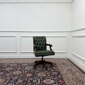 Klassiek-Engels-Antiek-Oud-Vintage-Chesterfield-Bureaustoel-President-Chair-Groen-Leder
