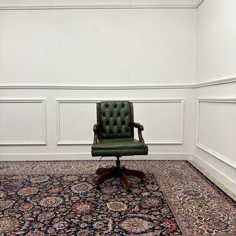 Klassiek-Engels-Antiek-Oud-Vintage-Chesterfield-Bureaustoel-President-Chair-Groen-Leder