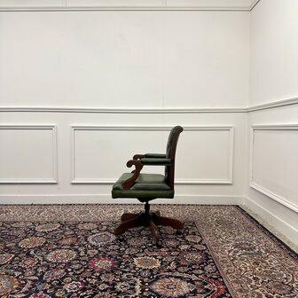 Klassiek-Engels-Antiek-Oud-Vintage-Chesterfield-Bureaustoel-President-Chair-Groen-Leder