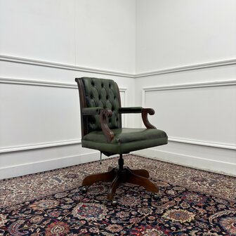 Klassiek-Engels-Antiek-Oud-Vintage-Chesterfield-Bureaustoel-President-Chair-Groen-Leder