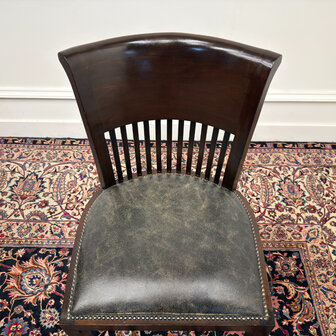 Klassiek-Engels-Antiek-Oud-Vintage-Chesterfield-Bureau-Desk-Partnerdesk-Set-Zwart-Leder-Met-Stoelen