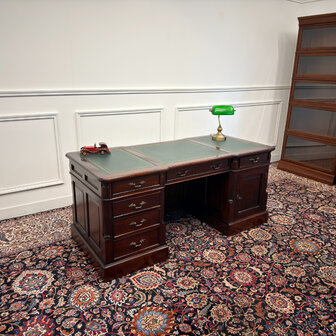 Klassiek-Engels-Antiek-Oud-Vintage-Chesterfield-Bureau-Desk-Groen-Leder-met-Achterschot