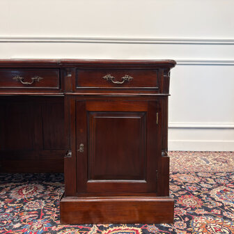 Klassiek-Engels-Antiek-Oud-Vintage-Chesterfield-Bureau-Desk-Groen-Leder-met-Achterschot