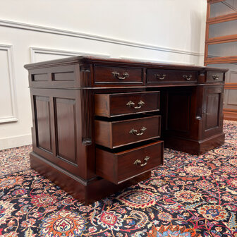 Klassiek-Engels-Antiek-Oud-Vintage-Chesterfield-Bureau-Desk-Groen-Leder-met-Achterschot