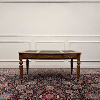 Klassiek-Engels-Antiek-Oud-Vintage-Chesterfield-Schrijftafel-Bureau-Desk-Zwart-Leder