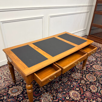 Klassiek-Engels-Antiek-Oud-Vintage-Chesterfield-Schrijftafel-Bureau-Desk-Zwart-Leder