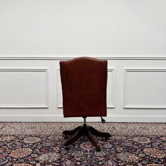 Klassiek-Engels-Antiek-Oud-Vintage-Chesterfield-Bureaustoel-President-Chair-Rood-Leder