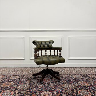 Klassiek-Engels-Antiek-Oud-Vintage-Chesterfield-Bureaustoel-Captain-Chair-Groen-Leder
