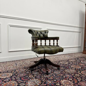 Klassiek-Engels-Antiek-Oud-Vintage-Chesterfield-Bureaustoel-Captain-Chair-Groen-Leder