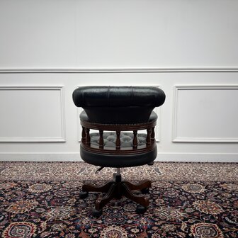 Klassiek-Engels-Antiek-Oud-Vintage-Chesterfield-Bureaustoel-Captain-Chair-Groen-Leder