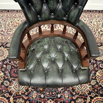 Klassiek-Engels-Antiek-Oud-Vintage-Chesterfield-Bureaustoel-Captain-Chair-Groen-Leder