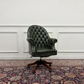 Klassiek-Engels-Chesterfield-Antiek-Oud-Vintage-Bureaustoel-Director-Directors-Chair-Groen-Leder-1