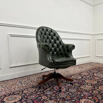 Klassiek-Engels-Chesterfield-Antiek-Oud-Vintage-Bureaustoel-Director-Directors-Chair-Groen-Leder-7