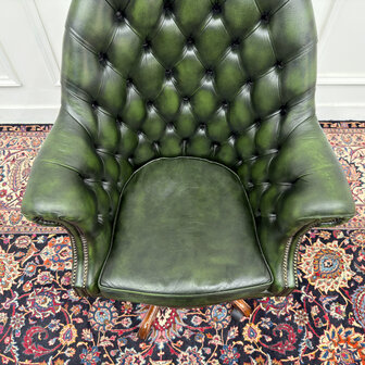 Klassiek-Engels-Chesterfield-Antiek-Oud-Vintage-Bureaustoel-Director-Directors-Chair-Groen-Leder-6
