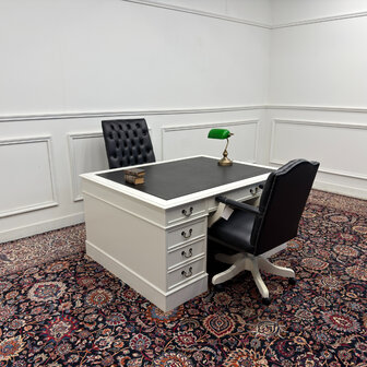 Klassiek-Engels-Antiek-Oud-Vintage-Chesterfiel-Wit-Bureau-Desk-Partnerdesk-Zwart-Leder-2