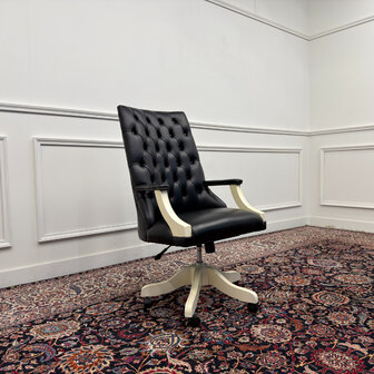 Klassiek-Engels-Antiek-Oud-Vintage-Chesterfiel-Bureaustoel-President-Chair-Zwart-Leder-7