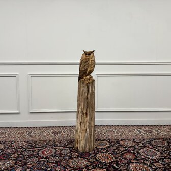 groot-kunstwerk-tuinbeeld-uil-op-boomstam-met-oren