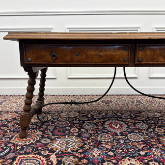 Klassiek-Spaans-Antiek-Oud-Vintage-Schrijftafel-19e-eeuw-Met-Lederen-Wereldkaart-10