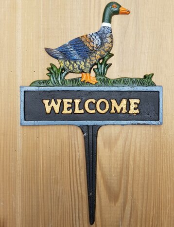 Gietijzeren-tuinsteker-tuinprikker-tuindecoratie-eend-duck-welkom-welcome